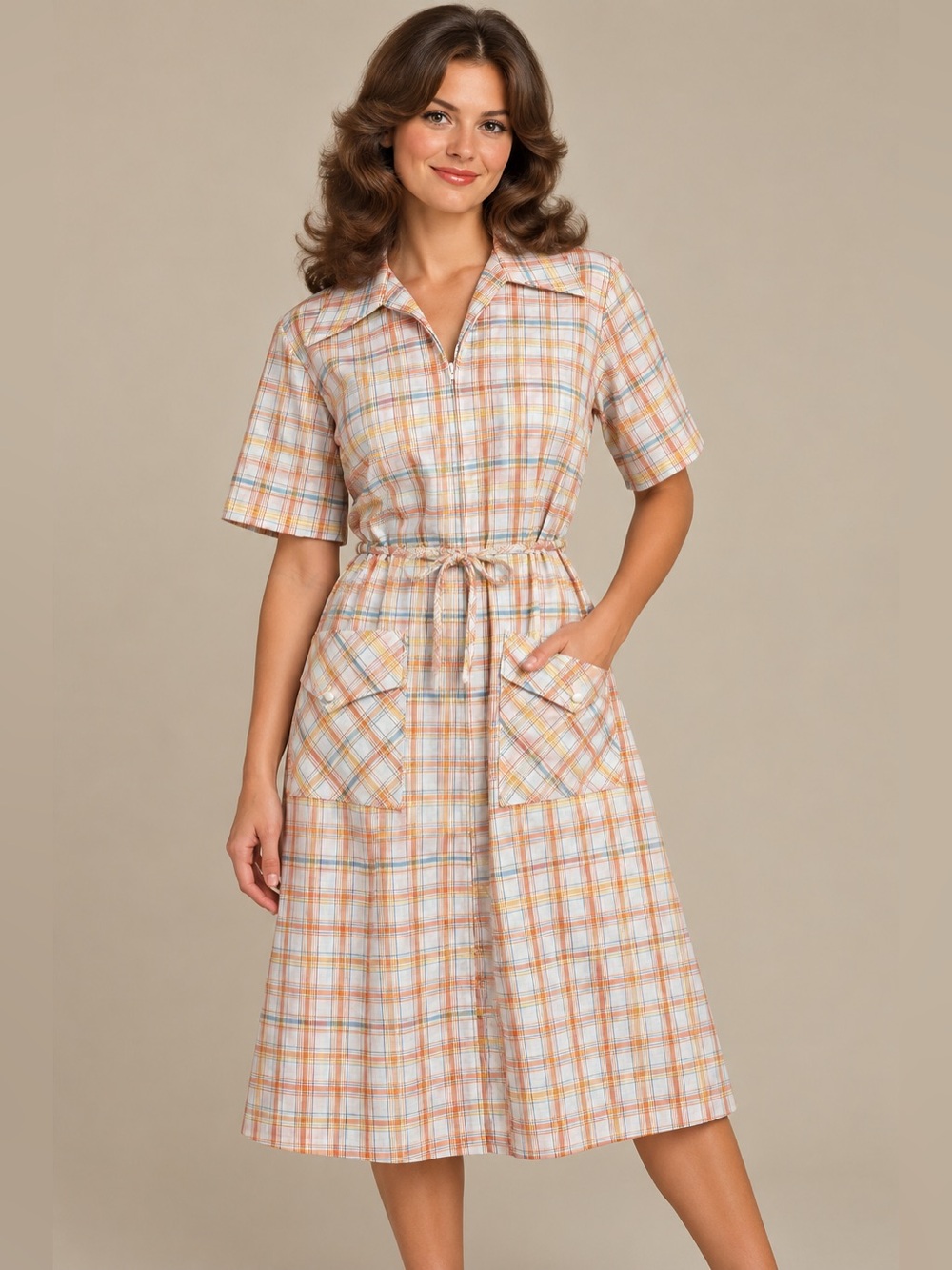 1970s vintage Sears "Zip & Dash" Perma Smooth plaid house dress VTG sz 16.5 LG